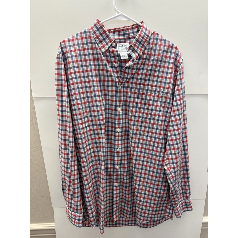 L.L. Bean Traditional Fit Medium Tall Cotton Shirt Blue Red Check Button Down